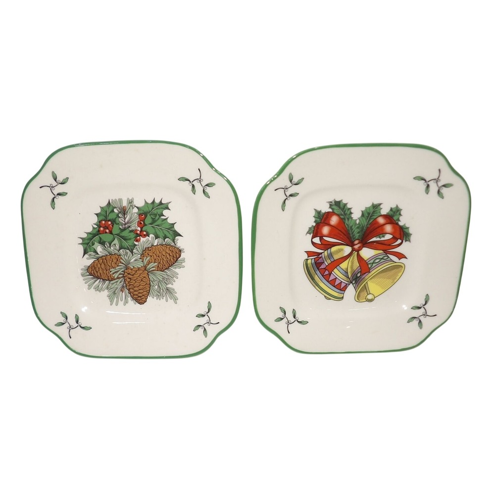 Spode World of Christmas Decorating the Tree Square Dessert Plates Set of 2